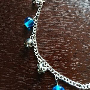 Handmade Silver Tone Blue Bead Bracelet Fits Up To 8"